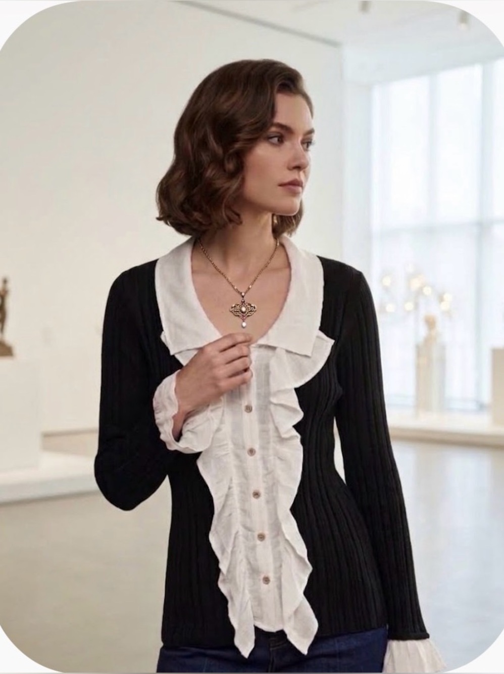 NWT by Anthropologie Black Ribbed Knit Ruffle Collar Layered Sweater Top - M